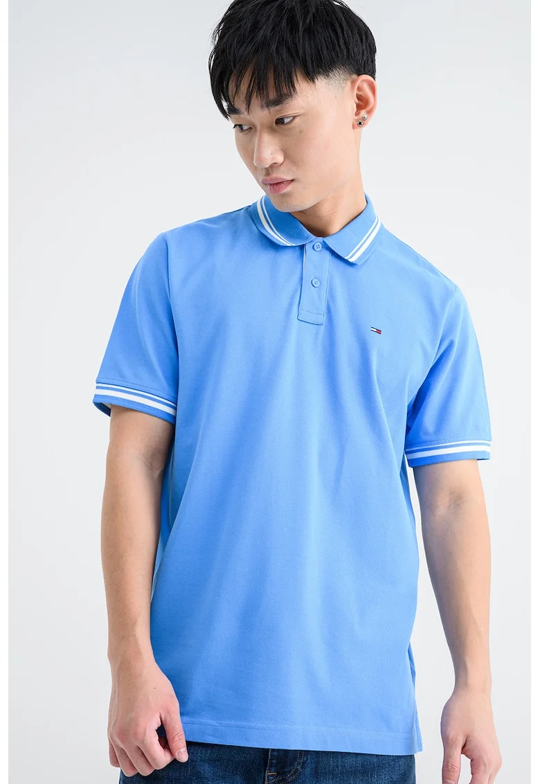 Tricou regular fit cu terminatii contrastante, Alb/Albastru deschis