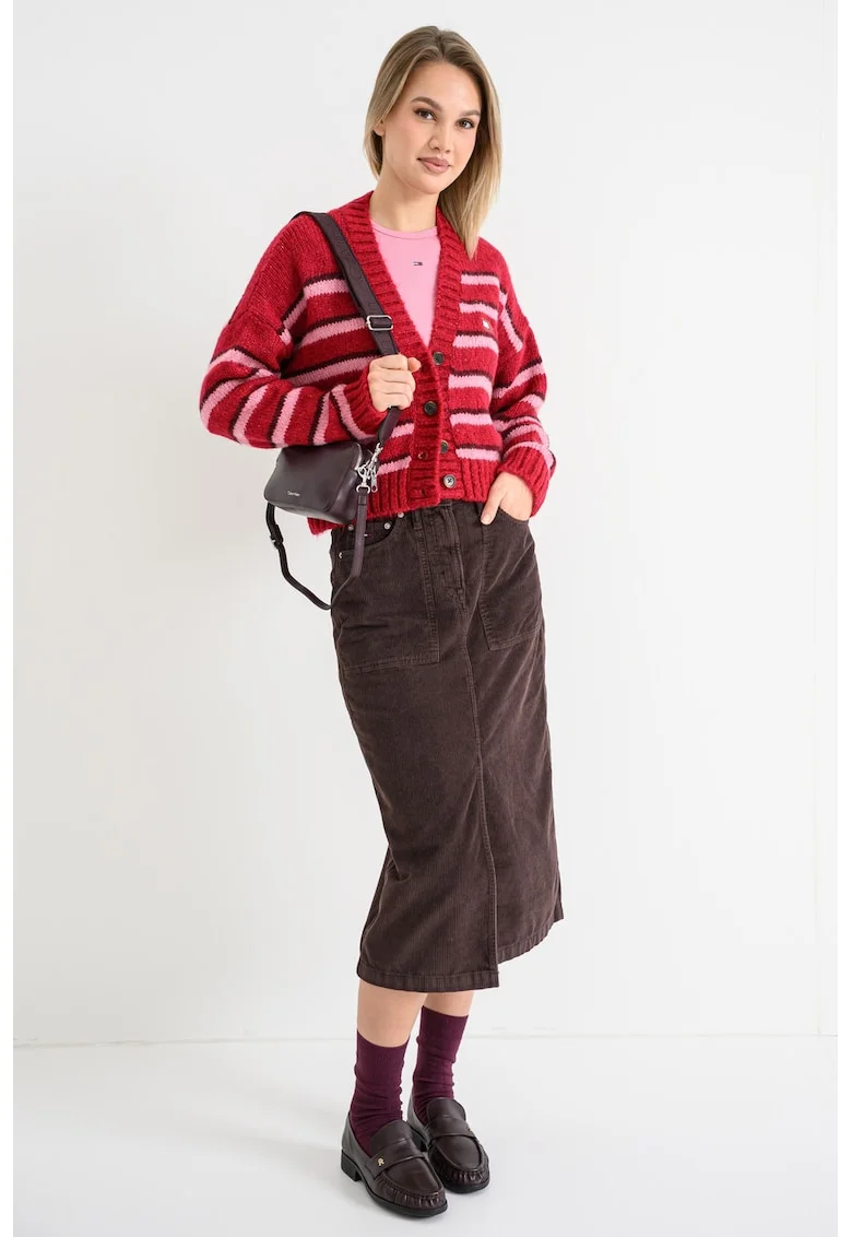 Cardigan lejer cu model in dungi si decolteu in V, Rosu/Maro cognac/Roz