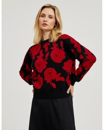 Pulover negru cu imprimeu de trandafir, Negru
