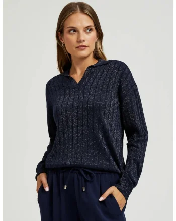Pulover bleumarin cu guler si fir metalic, Bleumarin