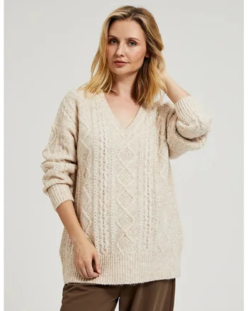 Pulover bej cu decolte in V din tricot, Bej
