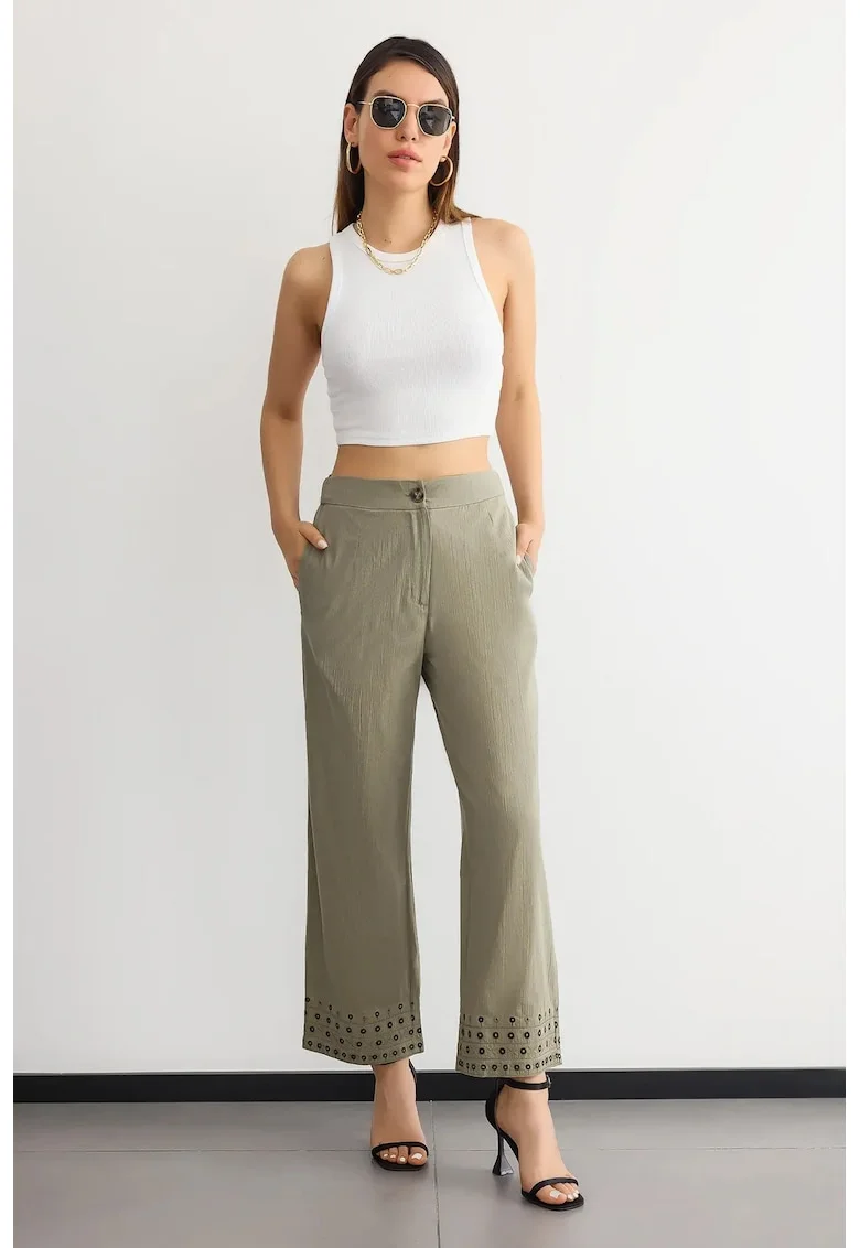 Pantaloni dama,  drepti, talie inalta, detalii boho, poliester, Piatra Naturala