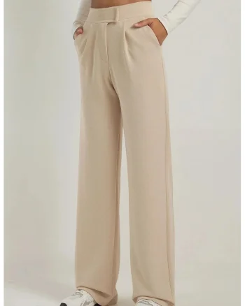 Pantaloni dama,  Palazzo, talie inalta, textil, bej, Bej Natural