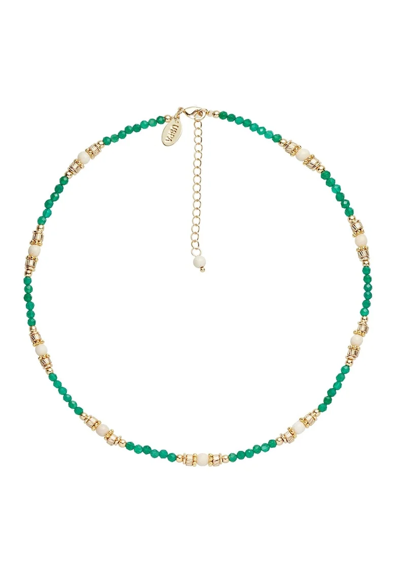 Colier cu agate si pietre fosila, Auriu/Verde aquamarin