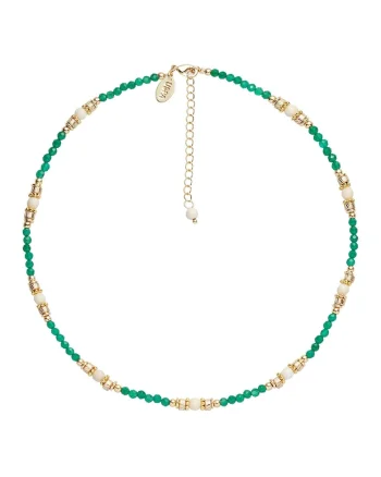 Colier cu agate si pietre fosila, Auriu/Verde aquamarin