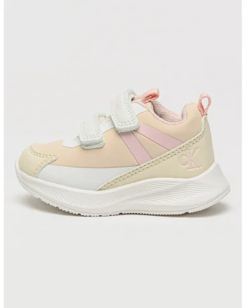 Pantofi sport de piele ecologica si material textil cu velcro, Roz pastel/Bej deschis