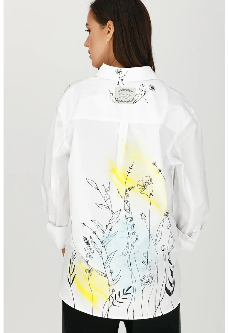 Camasa lejera cu model floral, Alb/Negru/Galben