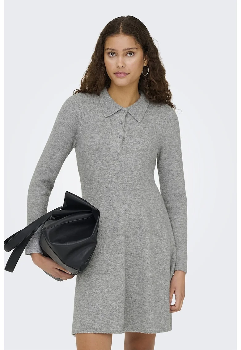 Rochie mini cu croiala in A si guler polo, Gri melange