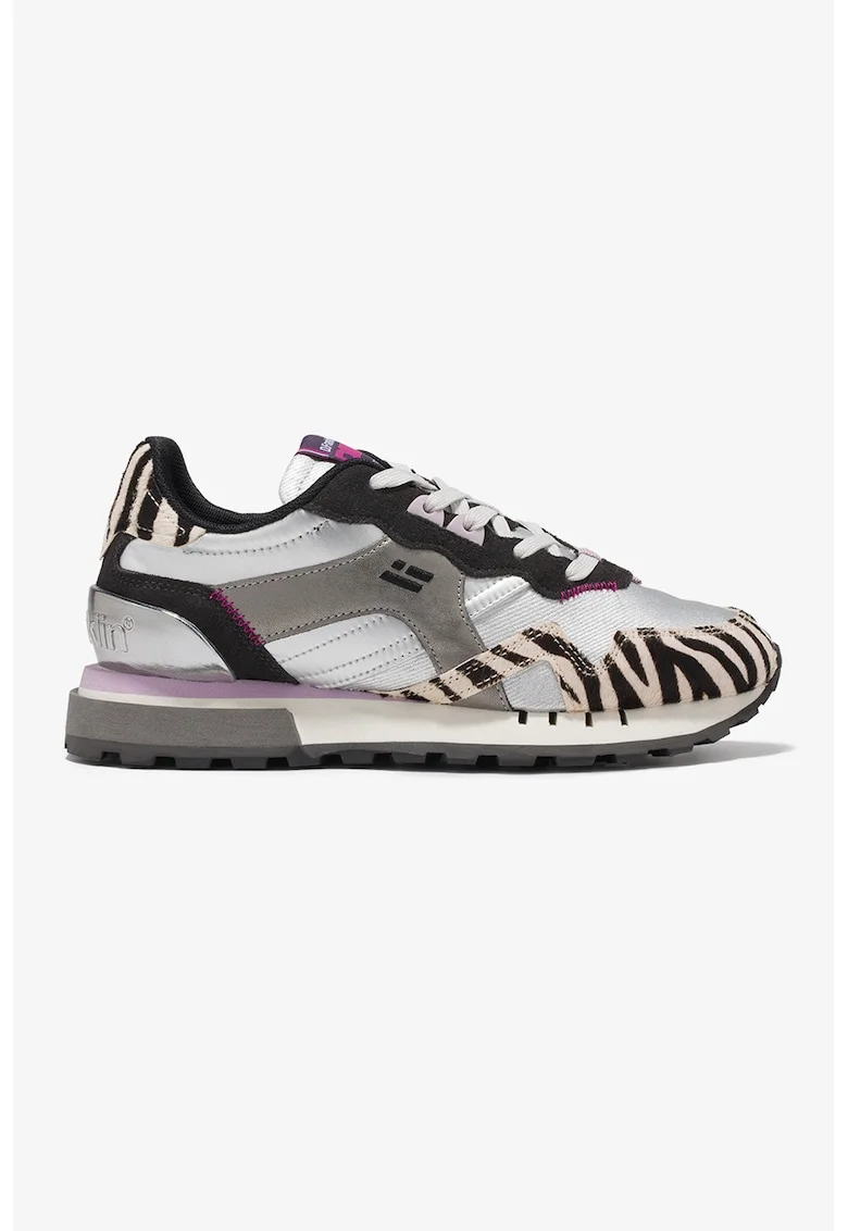 Pantofi sport low-cut cu model animal print, Alb fildes/Negru/Argintiu