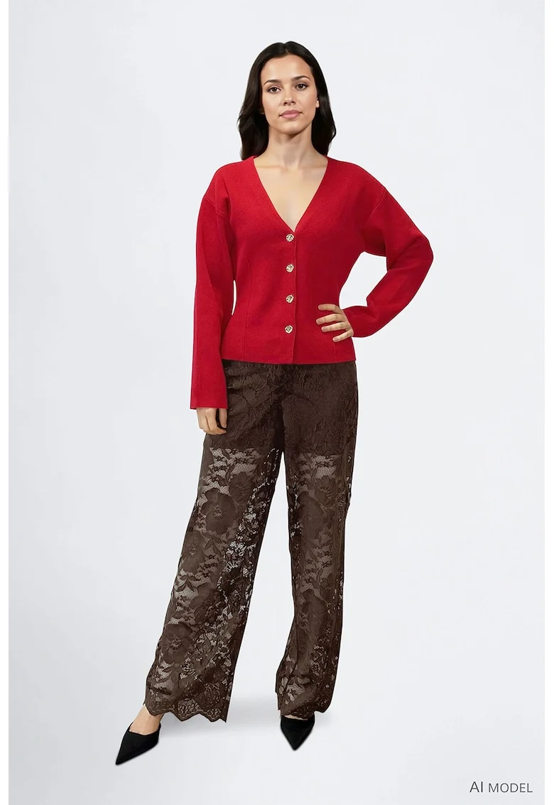 Cardigan slim fit cu decolteu in V, Rosu vermillion