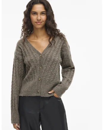 Cardigan cu decolteu in V si torsade, Kaki