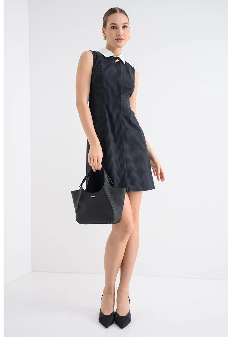Rochie mini cu dungi discrete si guler de blana sintetica Kaledoni, Alb murdar/Bleumarin