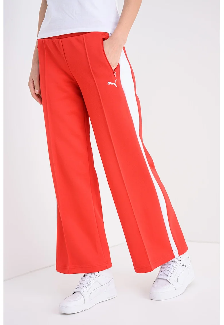 Pantaloni de trening din amestec de bumbac cu croiala ampla, Rosu/Alb
