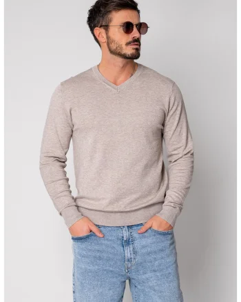 Pulover cu V cut Taupe 19086, Bej