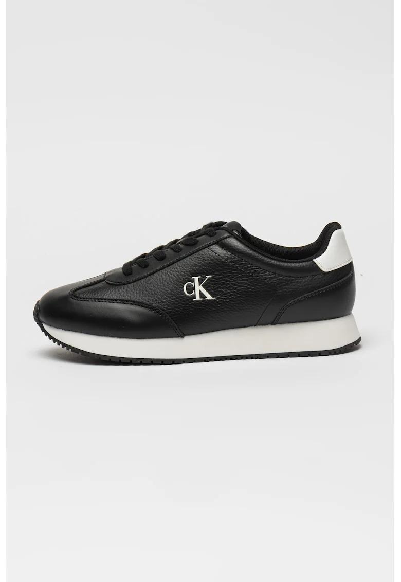 Pantofi sport din piele cu garnituri din piele ecologica, Alb/Negru stins