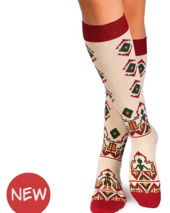 Sosete dama lungi 3/4 din bumbac cu motive traditionale romanesti Ecru