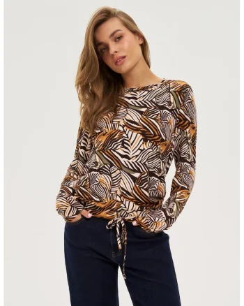 Pulover bej cu model floral, Crem