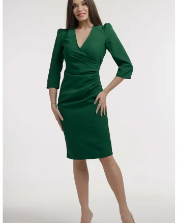 Rochie midi cambrata cu deoclteu in V, Verde padure