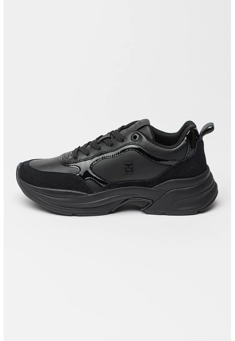 Pantofi sport demi-wedge din piele lacuita cu aspect masiv, pentru alergare, Negru