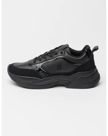 Pantofi sport demi-wedge din piele lacuita cu aspect masiv, pentru alergare, Negru