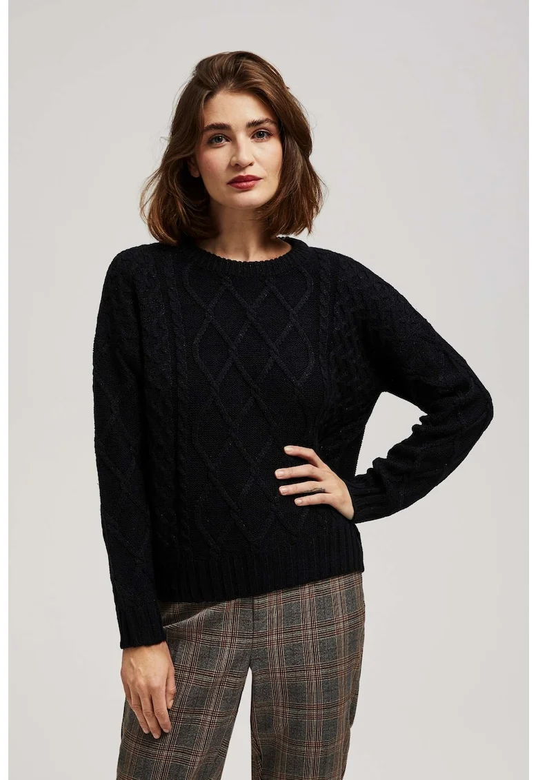 Pulover cu Impletitura Decorativa si Maneci Lung in Negru, Negru