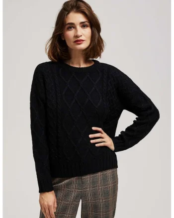 Pulover cu Impletitura Decorativa si Maneci Lung in Negru, Negru