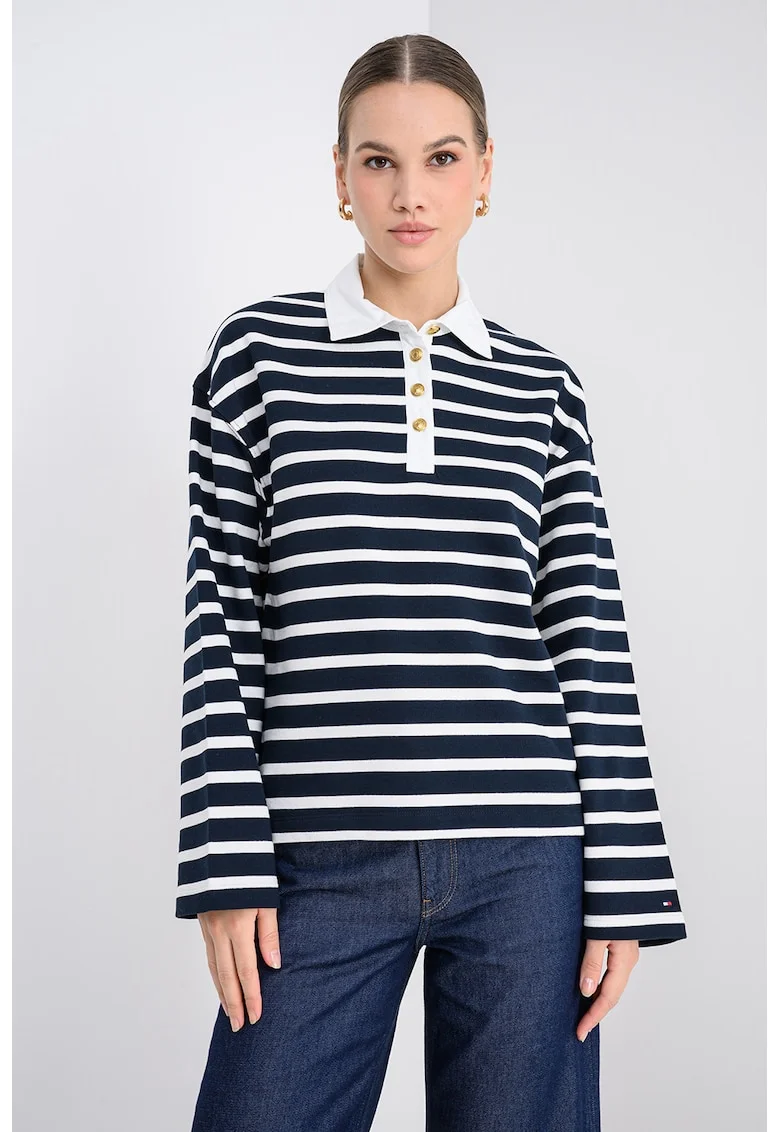 Bluza polo cu dungi, Albastru ultramarin/Alb murdar