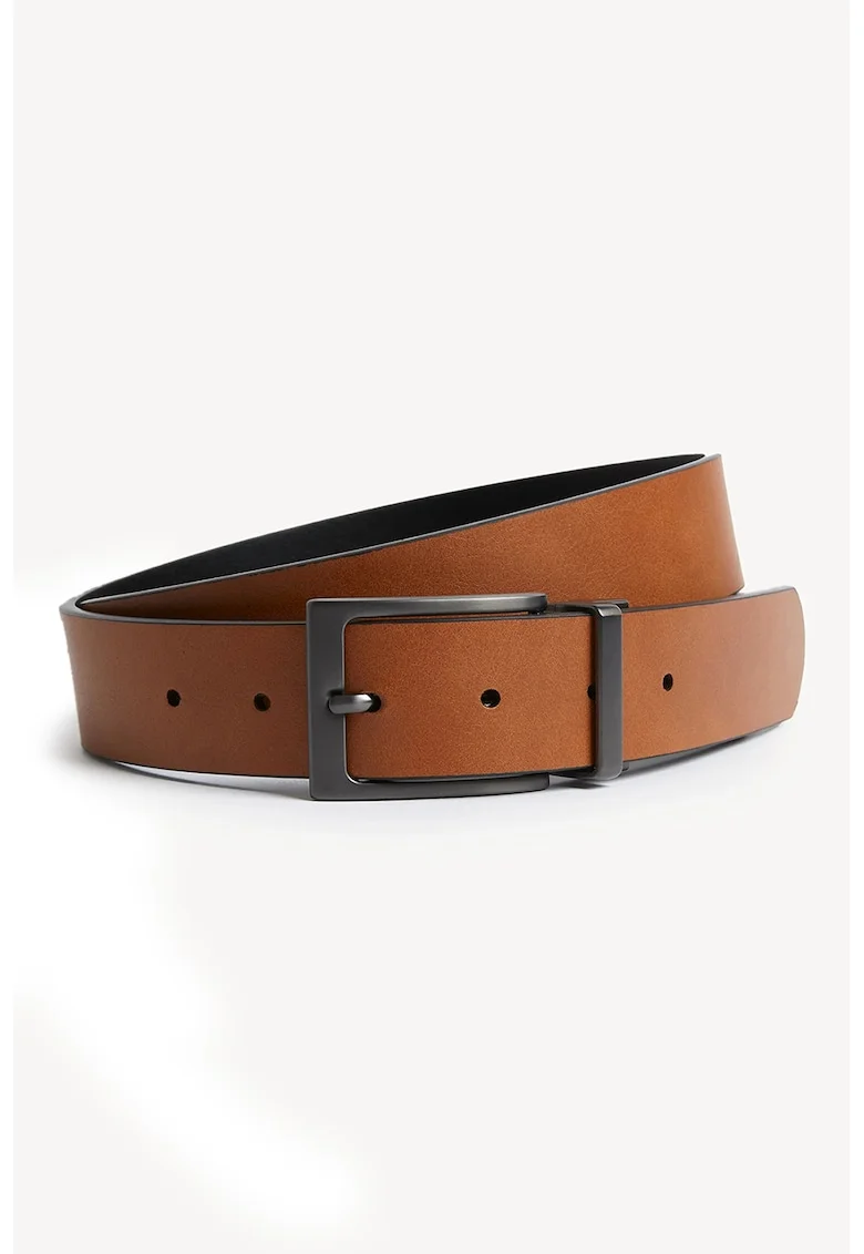 Curea reversibila din piele ecologica cu catarama cu nit, Negru/Caramel