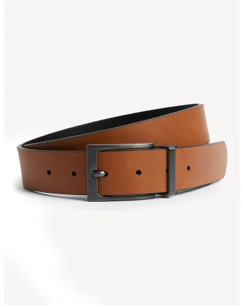 Curea reversibila din piele ecologica cu catarama cu nit, Negru/Caramel