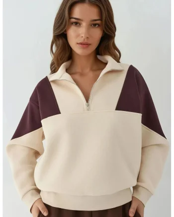 Hanorac dama  guler inalt cu fermoar, confortabil, crem, textil