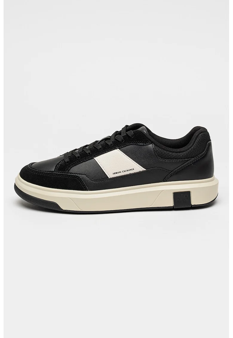 Pantofi sport low-cut cu garnituri de piele intoarsa, Negru/Alb murdar