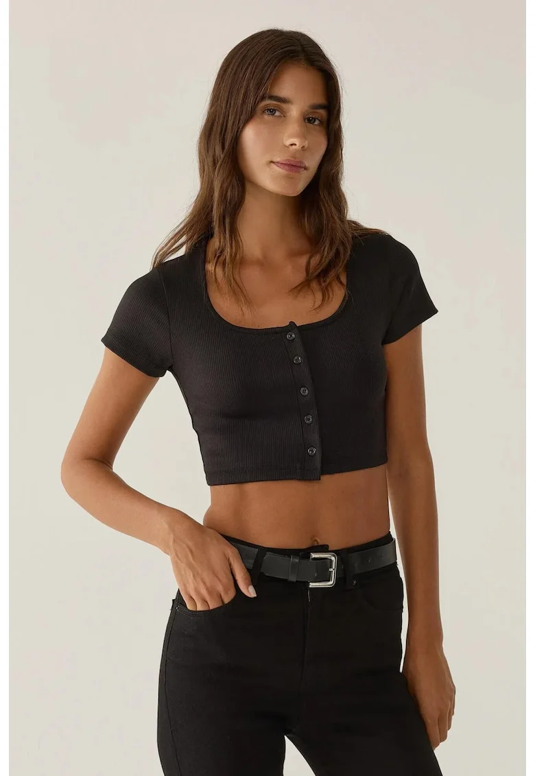 Top scurt,  guler polo, detalii cu nasturi, negru, Negru
