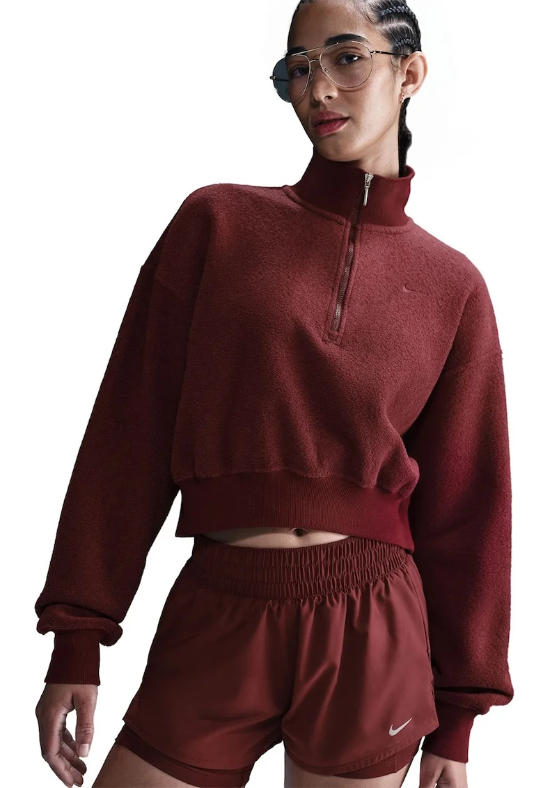 Bluza crop de trening cu fenta cu fermoar, Rosu inchis