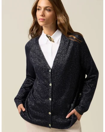Cardigan din amestec de lana cu insertii stralucitoare, Albastru ultramarin/Argintiu