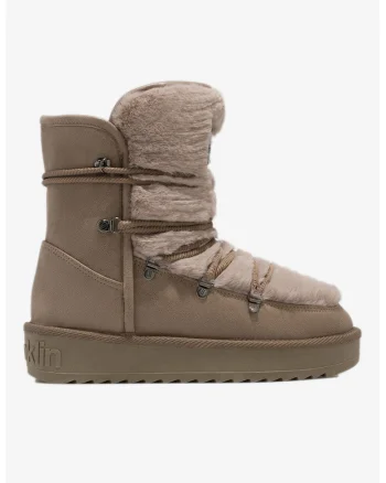 Ghete din blana sintetica cu talpa flatform, Maro taupe