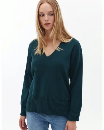 Pulover tricotat fin cu slituri lateral e, Verde englez