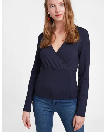 Bluza crop cu decolteu cache-coeur, Bleumarin