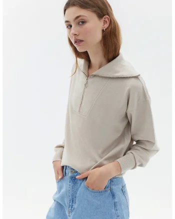 Bluza de trening lejera cu fermoar, Maro taupe
