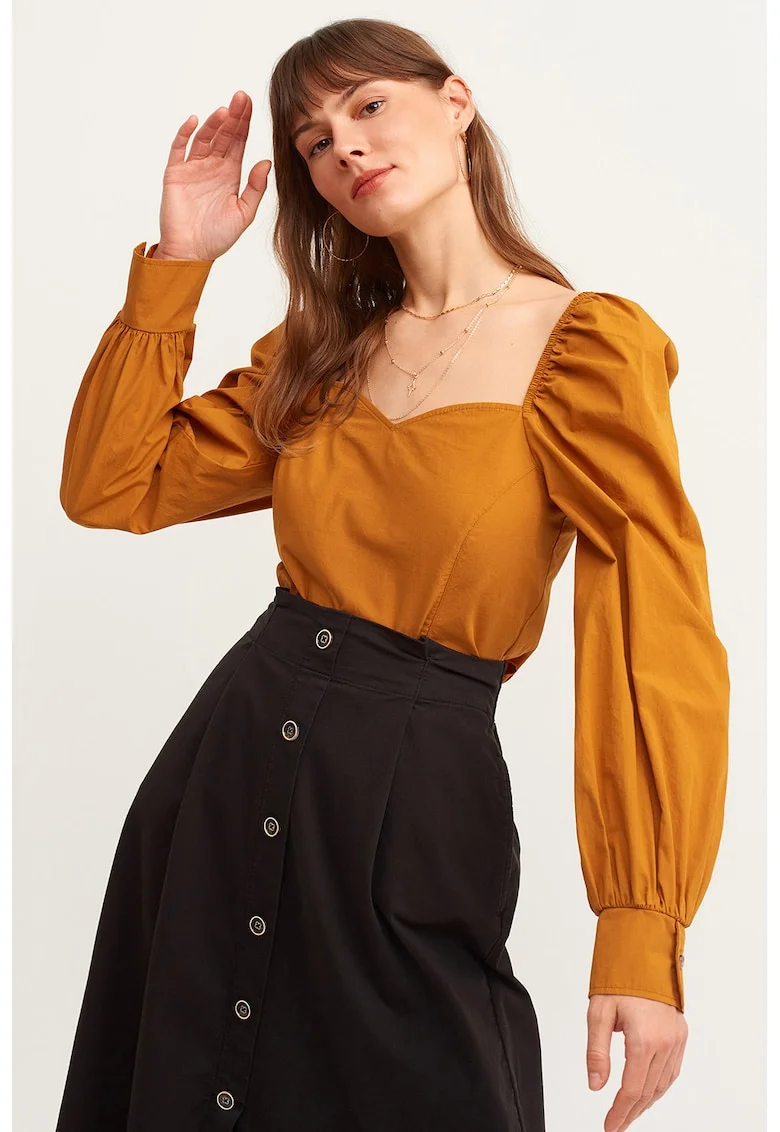 Bluza de bumbac cu maneci bufante si decolteu sweetheart, Portocaliu stins
