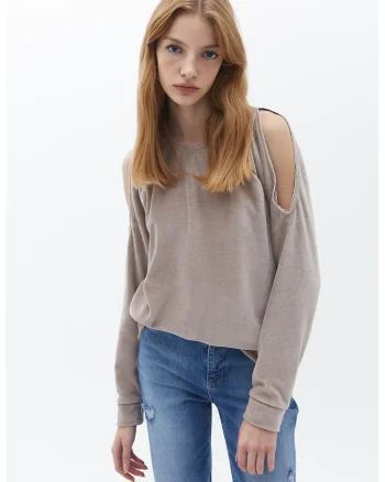 Bluza de trening cu umeri decupati, Maro taupe