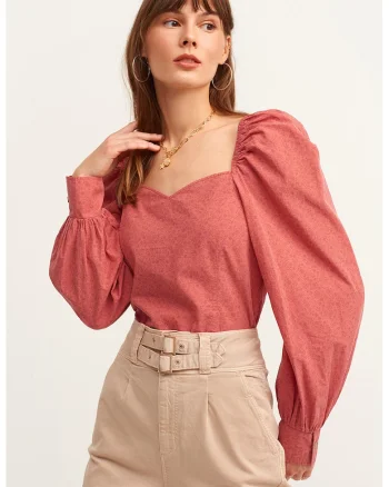 Bluza de bumbac cu maneci bufante si decolteu sweetheart, Coral