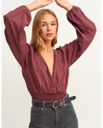 Bluza de lyocell cu maneci bufante, Rosu stins
