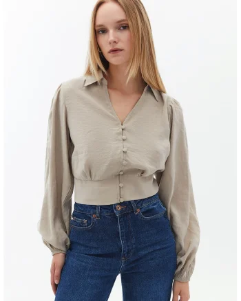Camasa crop din amestec de modal, Maro taupe