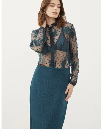 Camasa transparenta cu model floral, Verde persan
