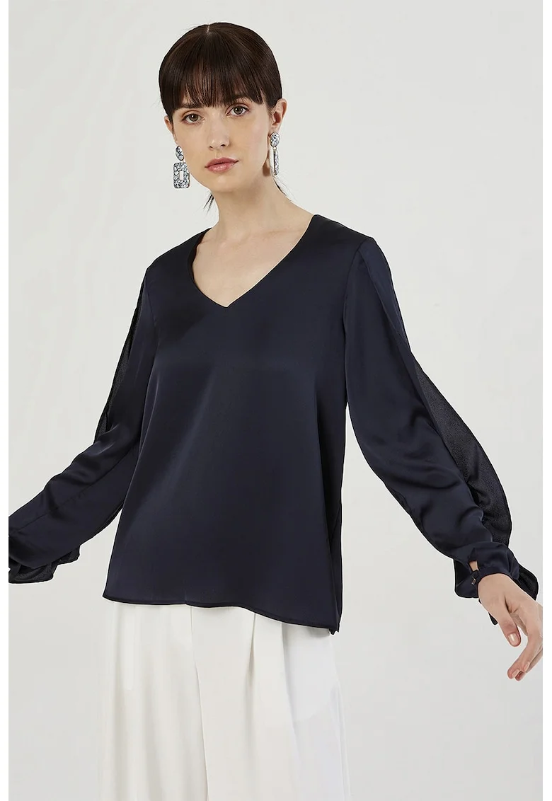 Bluza din satin cu decolteu in V, Albastru ultramarin