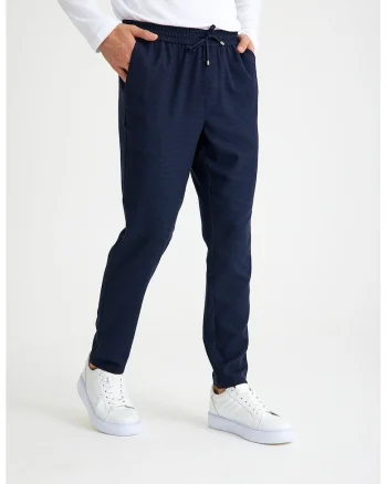 Pantaloni cu model houndstooth si snur in talie, Bleumarin
