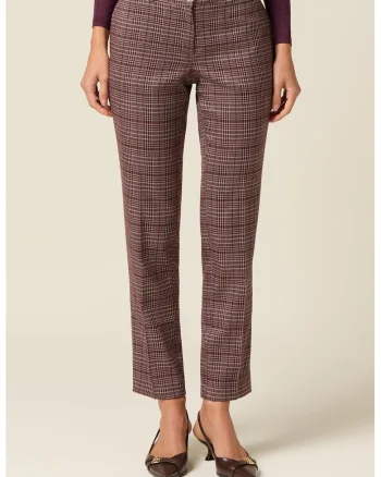 Pantaloni crop drepti cu model in carouri, Alb/Violet pruna