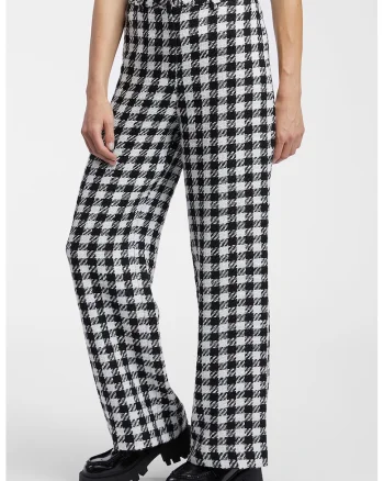 Pantaloni cu talie inalta si model in carouri, Alb/Negru