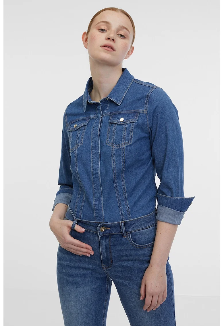 Camasa din denim cu buzunare pe piept, Albastru melange