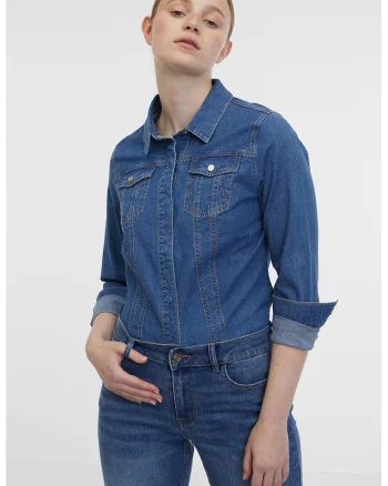 Camasa din denim cu buzunare pe piept, Albastru melange